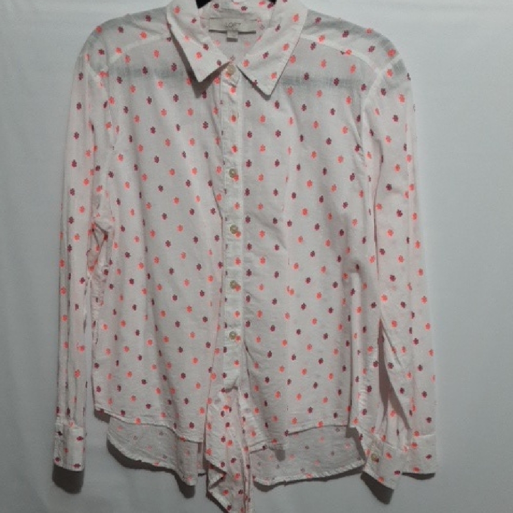 LOFT White Button-Up Shirt with‎ Pink Polka Dots